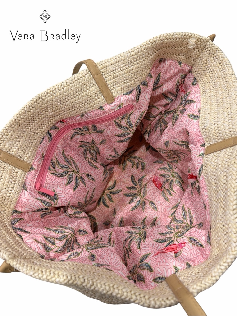 Vera Bradley Straw‎ Tote with Pink Parrot Embroidery - Picture 3 of 4